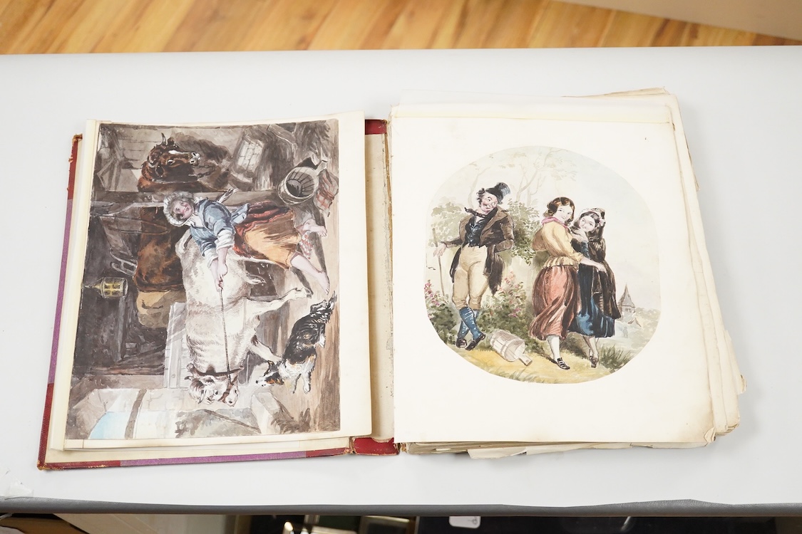 A 19th century album containing watercolours, including Anglo-Indian themes, local scenes, etc., together with engravings, photographs, cuttings, sketches, and other Victorian scrapbook items